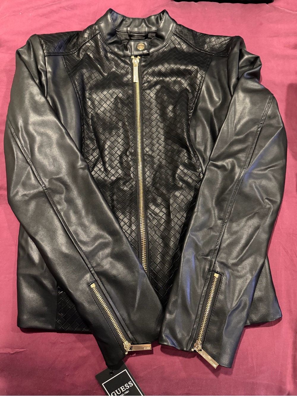 Guess Black Faux Leather Quilted Front Jacket with Gold Zippers - Picture 1 of 5